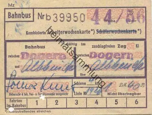 Deutschland - Bahnbus - Kombinierte Arbeiterwochenkarte - Dogern Albbruck - Bahn und Bus - Fahrkarte 1956 (G61869y)