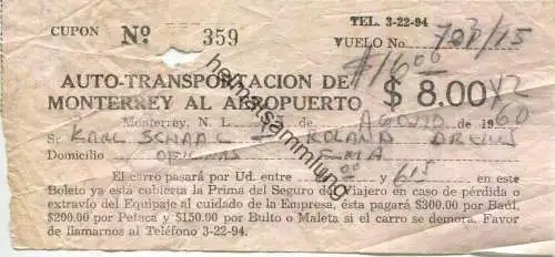 Mexico - Auto-Transportaction de Monterrey al Aeropuerto - Flughafen Zubringer - Fahrschein 1960