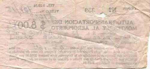 Mexico - Auto-Transportaction de Monterrey al Aeropuerto - Flughafen Zubringer - Fahrschein 1960