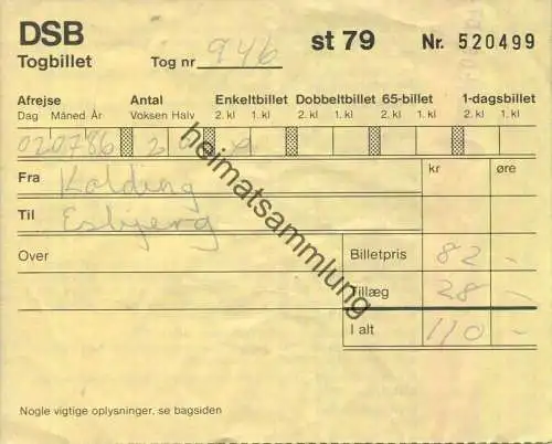 Dänemark - DSB Togbillet - Kolding Esbyerg - Fahrschein 1986