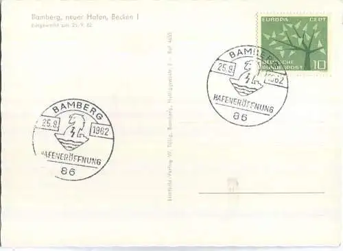 Bamberg - Neuer Hafen - Becken I - Foto-Ansichtskarte - Sonderstempel von der Einweihung am 25.9.1962