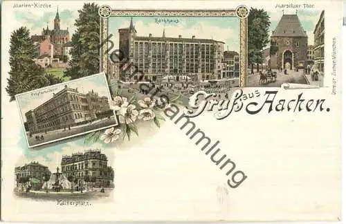 Aachen - Polytechnikum - Marien-Kirche - Rathaus - Lithographie - Verlag Ottmar Zieher München ca. 1895