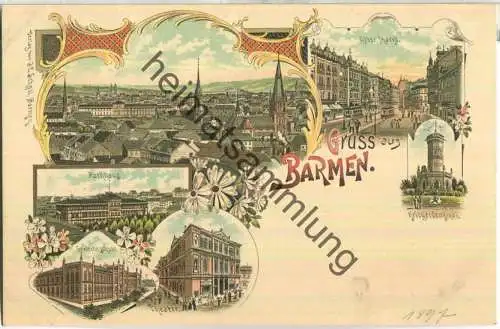 Barmen - Gewerbeschule - Alter Markt mit Strassenbahn - Verlag J. C. Scholl Barmen ca. 1895