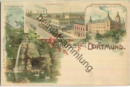 Dortmund - Hauptbahnhof - Hauptpostgebäude - Schwanenteich Kronenburg - Verlag H. Beer & Co Berlin ca. 1895