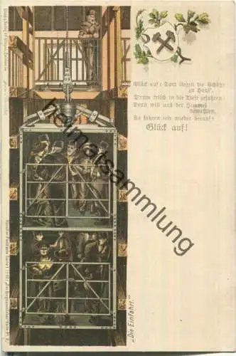 Künstlerkarte Bergmannsleben - Einfahrt - Glück auf - gezeichnet von J. Gerscha - Verlag F. Ullmann Zwickau ca. 1895