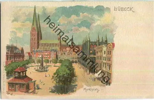 Lübeck - Künstlerkarte - Marktplatz - signiert W. E. - Verlag L. Peters Nachf. Lübeck