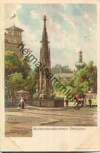 Dresden - Gutschmidbrunnen - Pferdestrassenbahn - signiert H. W. - Künstlerkarte - Verlag Gebr. Krauss Karlsruhe