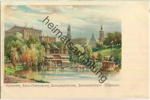 Dresden - Hofoper - Zwingerteich - signiert H. W. - Künstlerkarte - Verlag Gebr. Krauss Karlsruhe