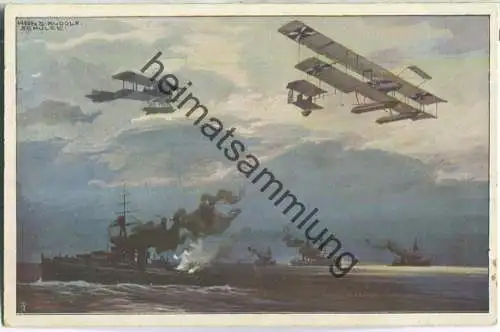 Wasserflugzeuge über der englischen Flotte - Deutscher Luftflotten-Verein - signiert Hans Rudolf Schulze