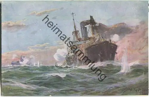 Künstlerkarte Willy Stöwer - Deutsches U-Boot im Gefecht mit einem bewaffneten Handelsdampfer - U-Boot-Spende 1917