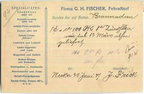 Fehraltorf - Firma G. H. Fischer - Chemische Zünd- und Fettwaren-Fabrik - Bestellkarte aus Necker Brunnadern