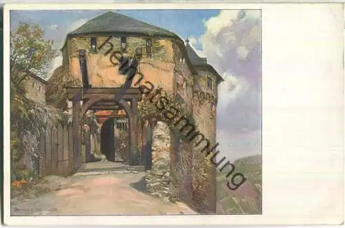 Marksburg - Haupttor mit Zugbrücke - Künstlerkarte Professor H. R. Schulze - Verlag Peter Willems Burgwirt