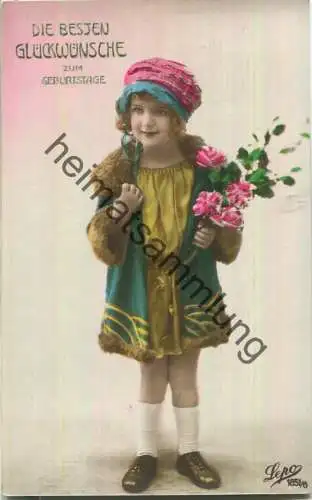 Mädchen mit Blumenstrauss - Geburtstagsgrüsse - coloriert - Verlag Lepo 1851/6