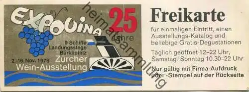 Schweiz - Zürich - 25 Jahre Expovina 1978 - Zürcher Weinausstellung - 9 Schiffe Landungsstege - Bürkliplatz - Freikarte