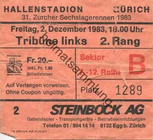 Schweiz - Zürich Hallenstadion - 31. Zürcher Sechstagerennen 1983 - Eintrittskarte