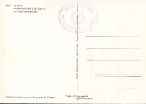 Saas-Tal Weissmieshütte mit Mischabelgruppe - AK Grossformat - Verlag Klopfenstein Adelboden