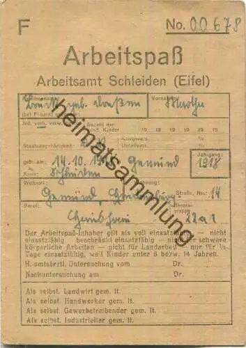 Arbeitspass - Arbeitsamt Schleiden - Ausgestellt 1945