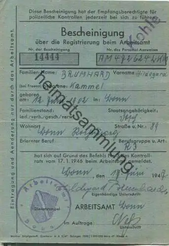 Bescheinigung über die Registrierung beim Arbeitsamt Bonn 1947