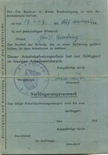 Bescheinigung über die Registrierung beim Arbeitsamt Bonn 1947