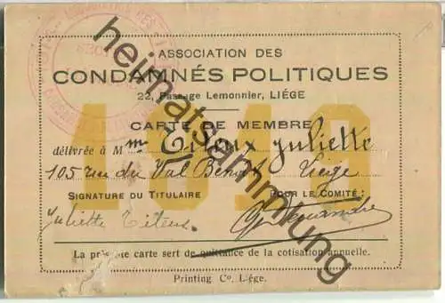 Association des Condamnes Politiques - Carte de membre 1919 Liege