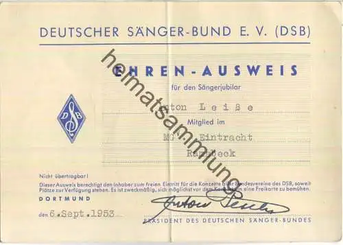 Ehren-Ausweis 1953 - Deutscher Sänger-Bund e. V. - Mittglied des MGV Eintracht Ramsbeck