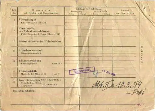 Laufzettel für das Notaufnahmeverfahren für Übersiedler aus der DDR - Abfluglager Marienfelde August 1954