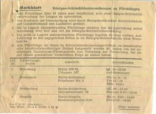 Laufzettel für das Notaufnahmeverfahren für Übersiedler aus der DDR - Abfluglager Marienfelde August 1954