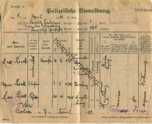 Polizeiliche Anmeldung einer Familie in Berlin Tempelhof 1922