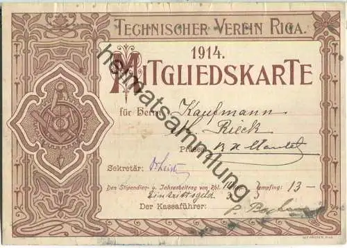 Technischer Verein Riga (Lettland) 1914 - Mitgliedskarte Jahresbeitrag 10 Kop.