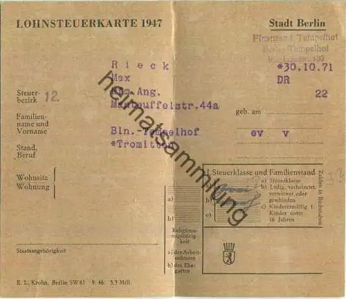 Lohnsteuerkarte 1947 - Stadt Berlin