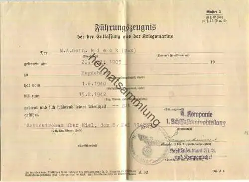 Führungszeugnis bei der Entlassung aus der Kriegsmarine 4. Kompanie 1. Schiffsstammabteilung