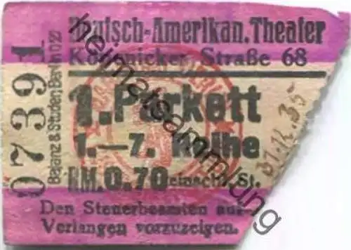 Deutschland - Berlin - Deutsch-Amerikanisches Theater - Köpenicker Straße 68 - Eintrittskarte 1935