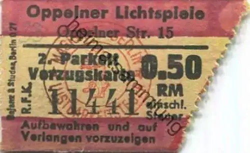 Deutschland - Berlin - Oppeiner Lichtspiele - Oppeiner Str. 15 - Eintrittskarte 1937