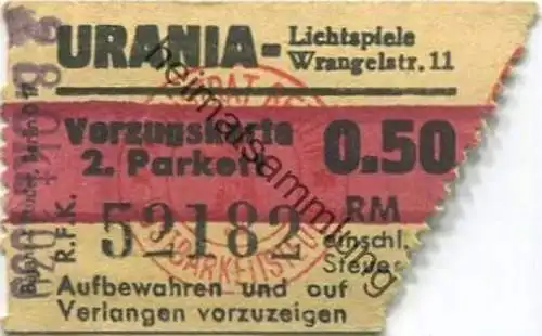 Deutschland - Berlin - Urania Lichtspiele Wrangelstr. 11 - Eintrittskarte 1939