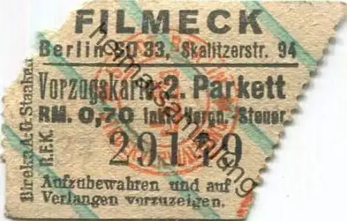 Deutschland - Berlin SO33 - Filmeck Skalitzerstr. 94 - Eintrittskarte 1937