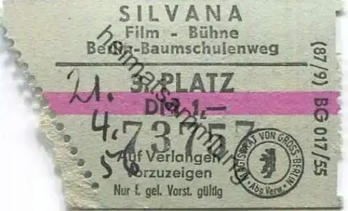 Deutschland - Berlin - Silvana Film Bühne Baumschulenweg - Eintrittskarte 1956