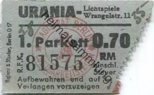 Deutschland - Berlin - Urania Lichtspiele Wrangelstr. 11 - Eintrittskarte 1935