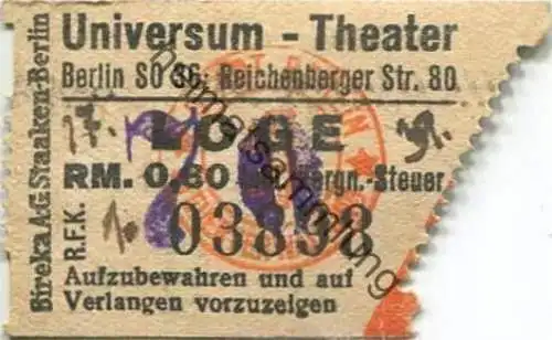 Deutschland - Berlin SO36 - Universum-Theater - Reichenberger Str. 80 - Eintrittskarte 1939