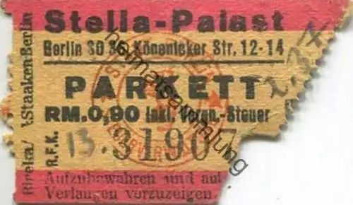 Deutschland - Berlin - Stella-Palast - SO36 Köpenicker Str. 12-14 - Eintrittskarte 1937