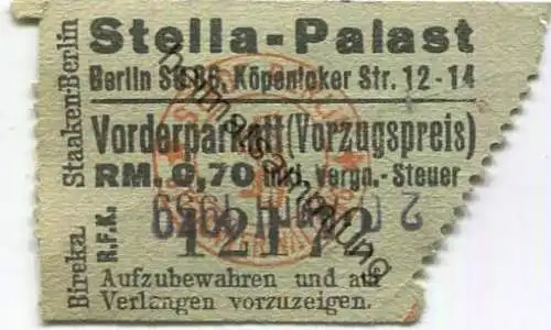 Deutschland - Berlin - Stella-Palast - SO36 Köpenicker Str. 12-14 - Eintrittskarte 1939