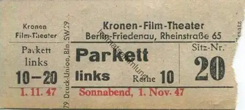 Deutschland - Berlin Friedenau - Kronen-Film-Theater - Rheinstraße 65 - Eintrittskarte 1947