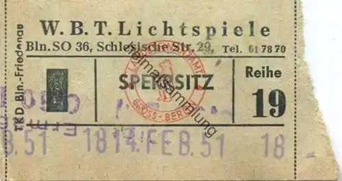 Deutschland - Berlin - W.B.T. Lichtspiele - SO36 Schlesische Str. 29 - Eintrittskarte 1951