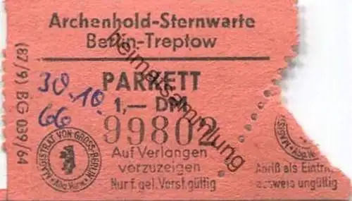 Deutschland - Berlin - Archenhold-Sternwarte Treptow - Eintrittskarte 1966