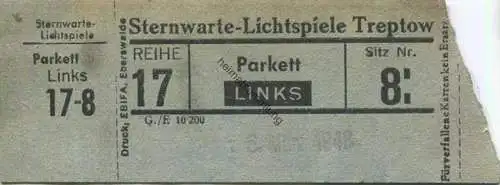 Deutschland - Berlin - Sternwarte Lichtspiele Treptow - Eintrittskarte 1948 - rückseitig alte Kinokarte Capitol Schwerin