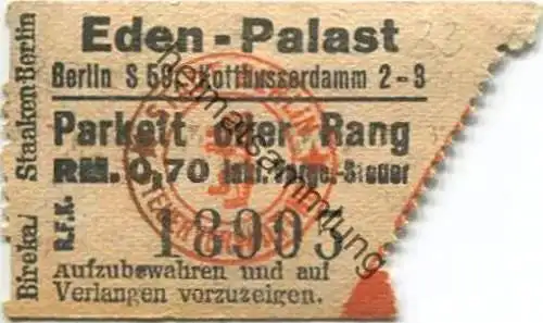 Deutschland - Berlin - Eden-Palast Kottbusserdamm 2-3 - Eintrittskarte 1933