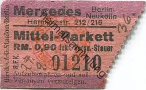 Deutschland - Berlin - Neukölln - Mercedes- Hermannstr. 212/216 - Eintrittskarte 1936