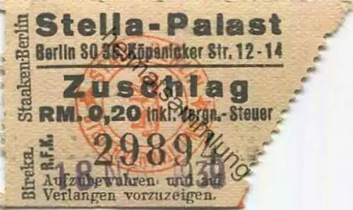 Deutschland - Berlin - Stella-Palast - SO36 Köpenicker Str. 12-14 - Eintrittskarte 1939