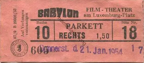 Deutschland - Berlin - Babylon - Film-Theater am Luxemburger-Platz - Eintrittskarte 1954