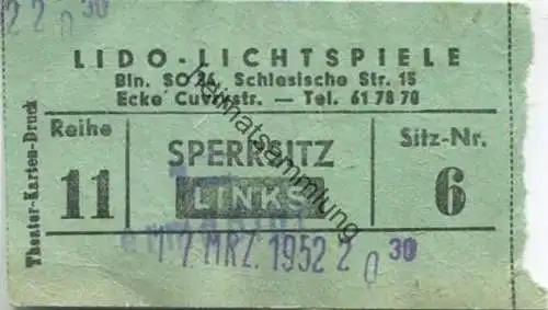 Deutschland - Berlin - Lido Lichtspiele - Bln. SO 36 - Schlesische Strasse 15 Ecke Cuvrystrasse - Eintrittskarte 1952