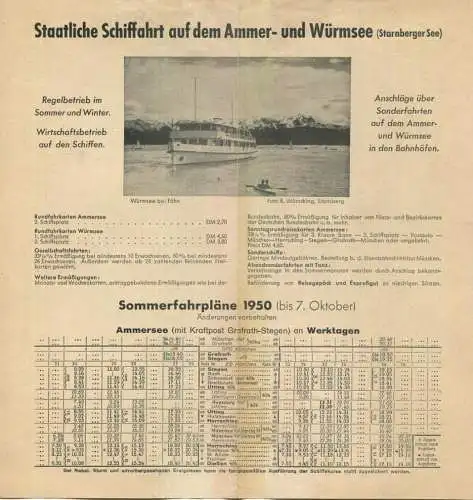 Österreich - Staatliche Schiffahrt auf dem Ammer- und Würmsee - Sommerfahrplan 1950 - Blatt 20cm x 21cm gefaltet